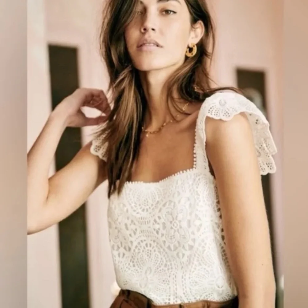 Sezane Edith Blouse 34 Ecru XS eyelet cami tank - Picture 2 of 10